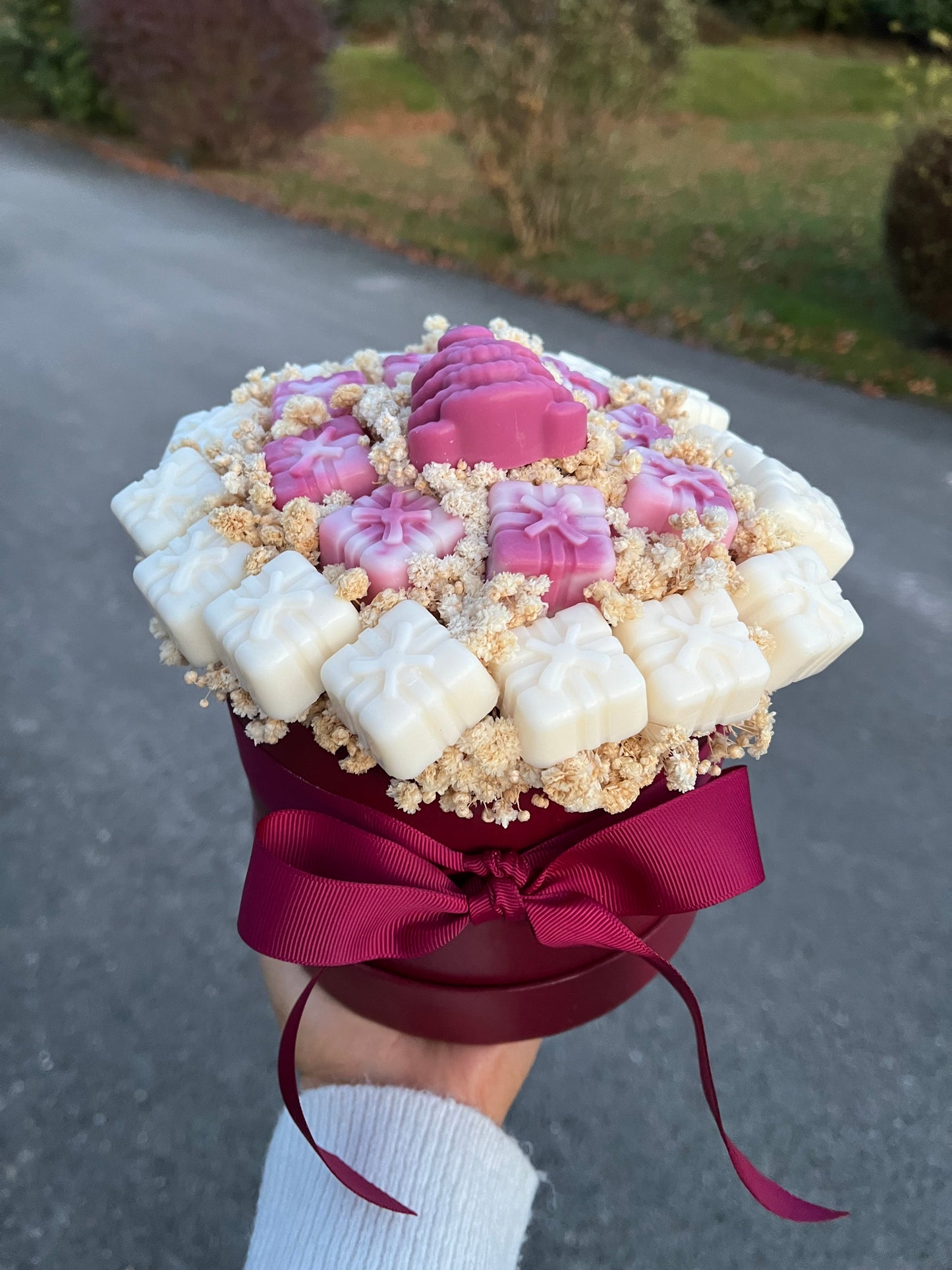 Burgundy Christmas box hat