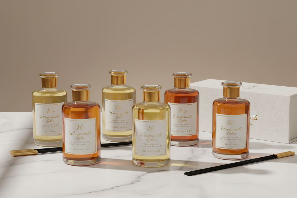 6 reed diffuser refills, windermelt lakes logo, luxury setup