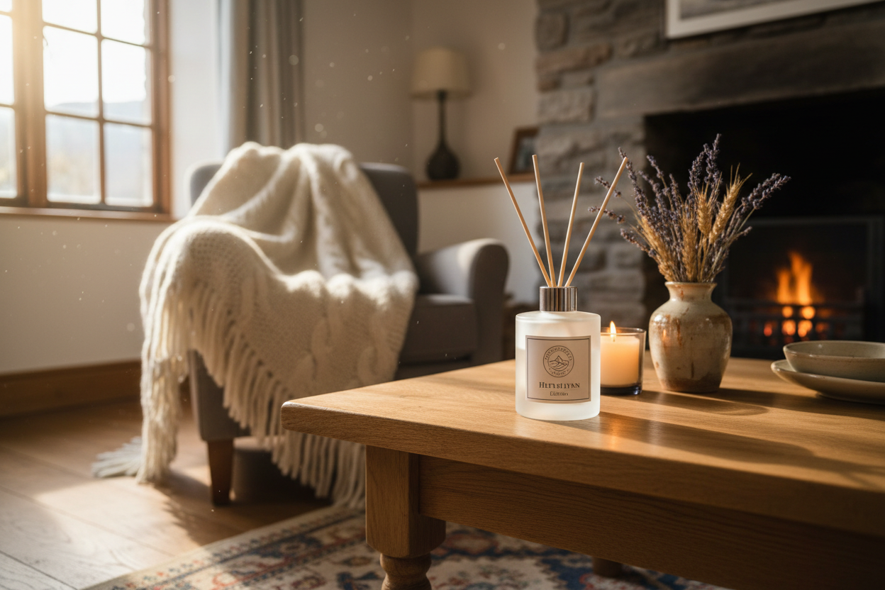 reed diffusor helevellyn edition with windermelt lakes logo in a cottage setup