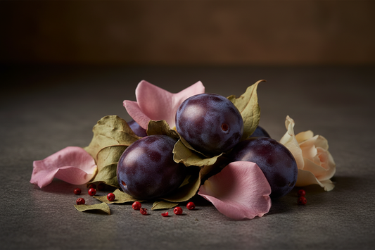 Lifestyle photo with damson plum, patchouli, pink pepper, and rose