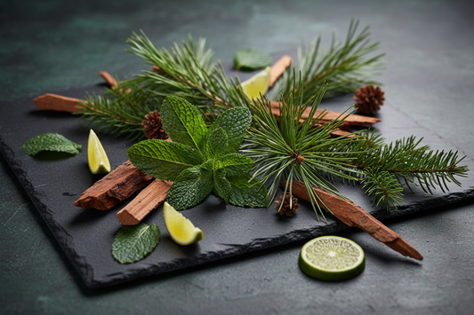 Lifestyle photo with pine needles, peppermint, fir balsam, cedarwood, and bergamot
