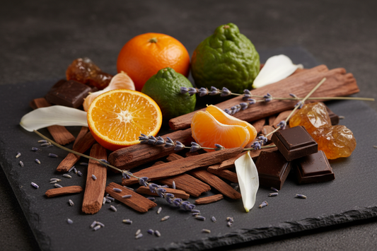 Lifestyle photo with sandalwood, mandarin, bergamot, lavender, lily, chocolate, and amber