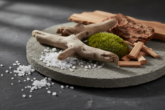 Lifestyle photo with sea salt, driftwood, sandalwood, moss, and cedarwood