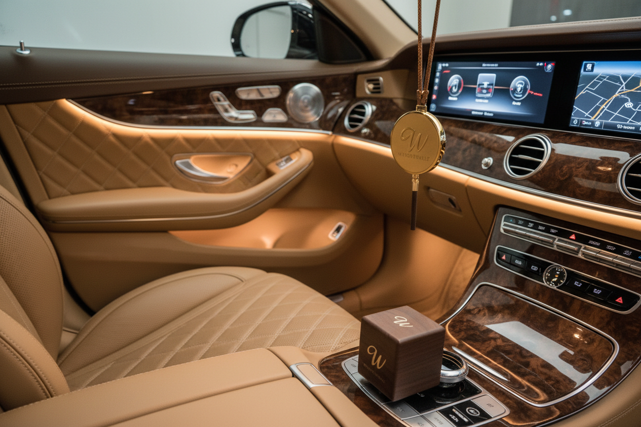 luxurious car interior featuring car freshener windermelt logo
