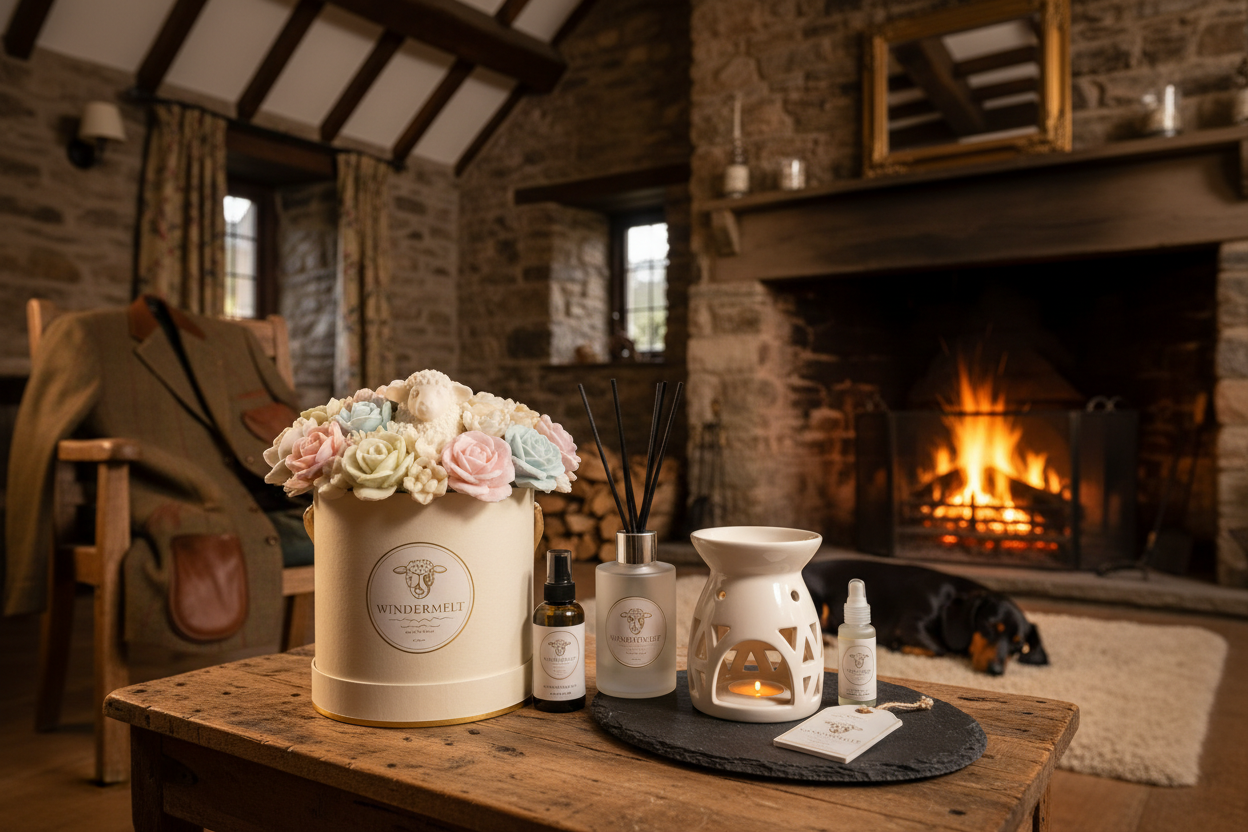 luxury flower shaped wax melt bouquet hat box with cute sheep wax melt on the middle, flower shaped wax melts, wax melt burner on slate plate, reed diffuser, room spray, pillow mist, car freshener, windermelt logo on products, luxury lakeside cottage, wood and stone wall, fireplace, cosy night vibe, shooter jacket, black dachshund resting at the background, focus on products