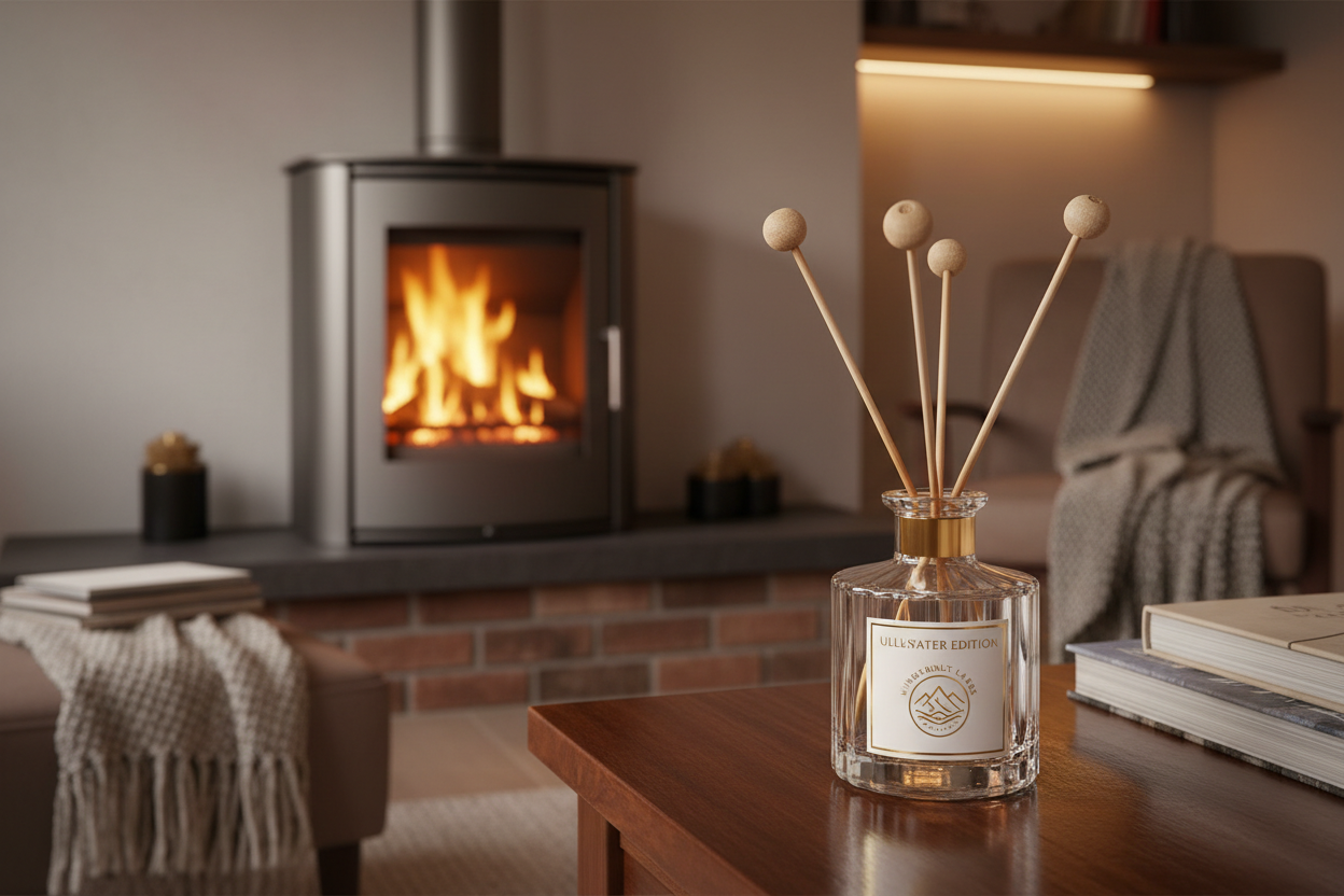 reed diffusor ullswater edition with windermelt lakes logo at home quiet luxury wood burner at background