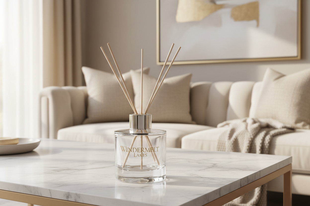 reed diffusor with windermelt lakes logo in a luxurious home setup