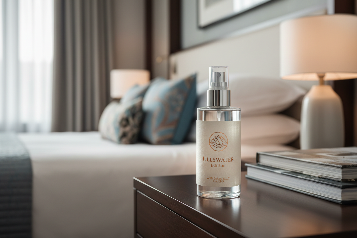 room spary ullswater edition with windermelt lakes logo in hotel room