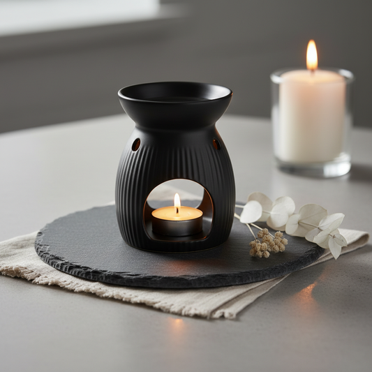 wax melt burner on round slate plate, luxurious setup