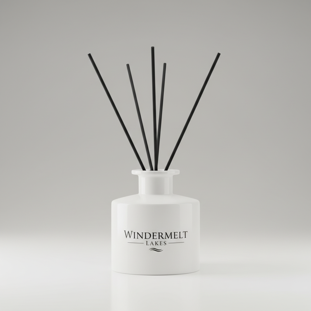 white reed diffuser vessel with black Windermelt Lakes logo, a