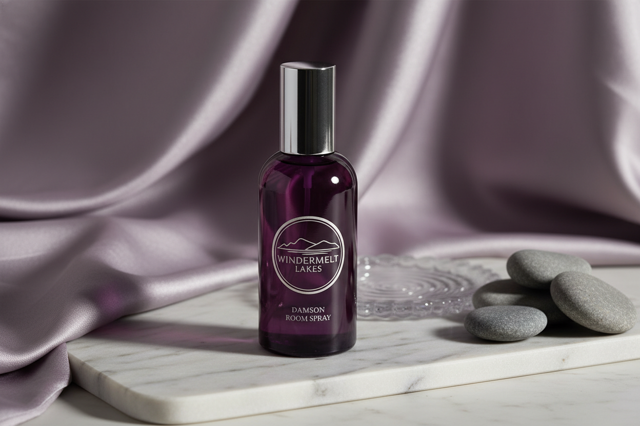 windermelt lakes logo with a damson room spray bottle in luxurious setup